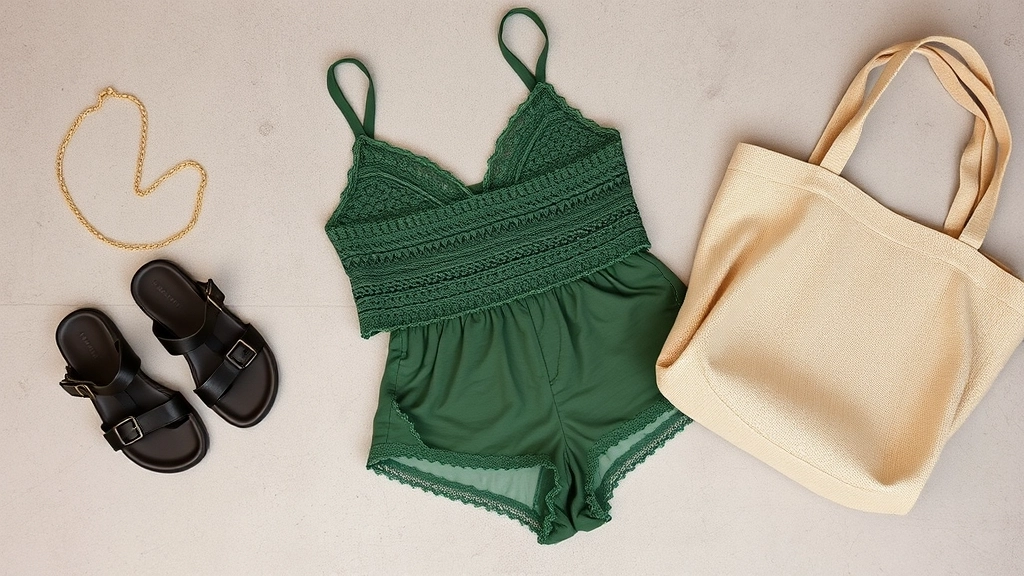 A styled flat lay of the green crochet set with chunky black sandals and gold jewelry.