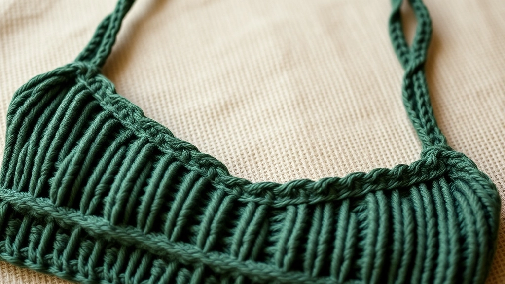 Close-up of a forest green crochet bralette showing the dense ribbed texture and square neckline.