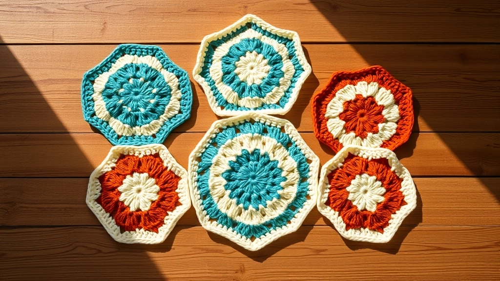 Five crocheted hexagons—two stars, one moon, and two suns—arranged in their assembly layout on a wooden table.