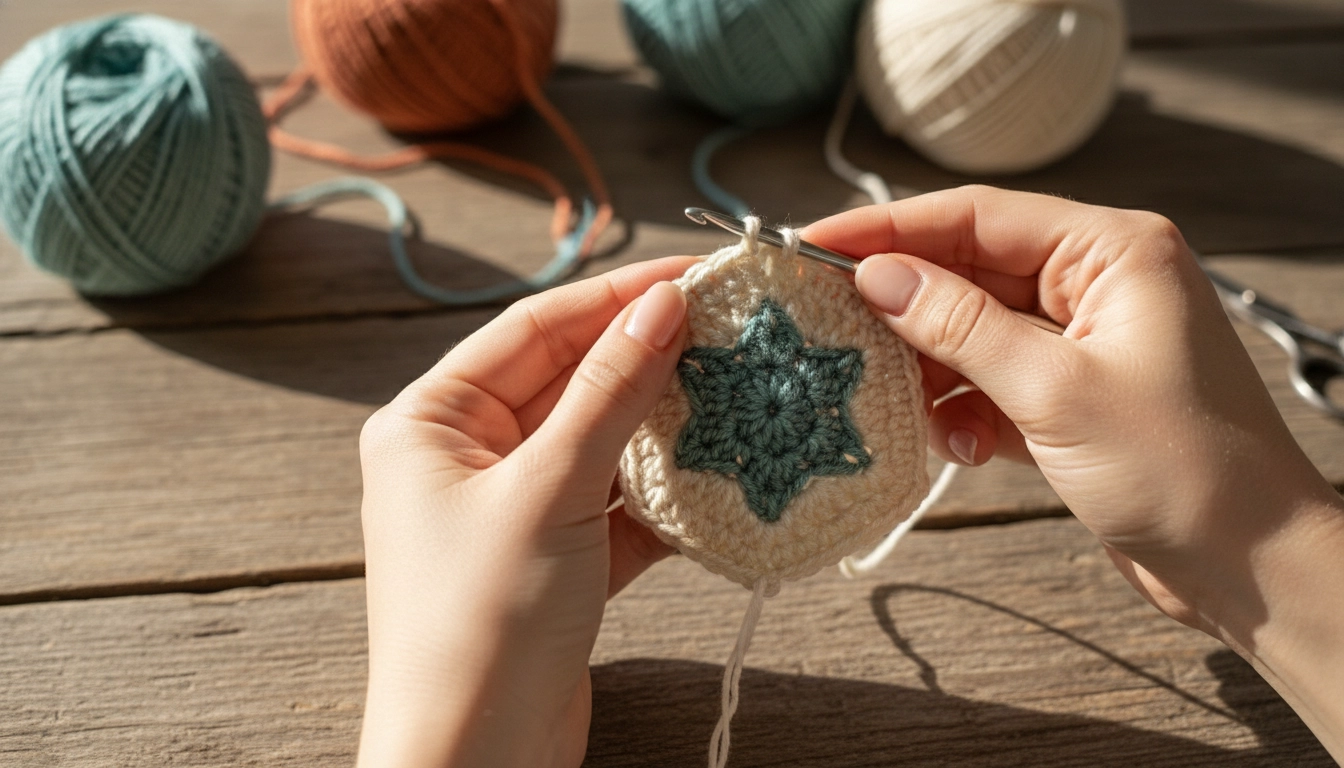 Close-up of hands crocheting a teal and cream star hexagon motif with a crochet hook.