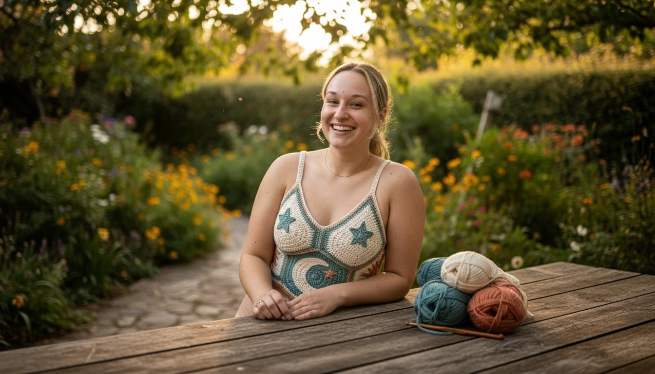 A woman smiling while wearing the completed celestial crochet hexagon crop top outdoors.
