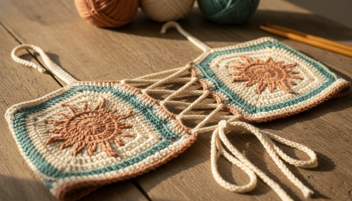 Detailed view of the back of a crochet crop top showing a cream cord laced through the rust-colored sun motifs.