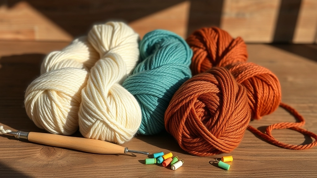 Skeins of cream, teal, and rust organic cotton yarn next to a 3.5 mm crochet hook and colorful stitch markers.