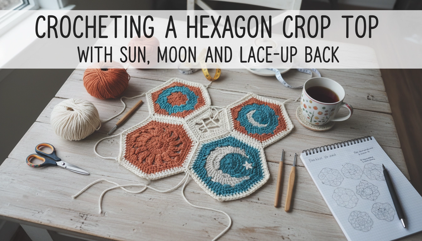 A homemade flat lay photo showing the process of Crocheting a Hexagon Crop Top with Sun, Moon, and Lace-Up Back, surrounded by yarn skeins and a crochet hook on a wooden table.