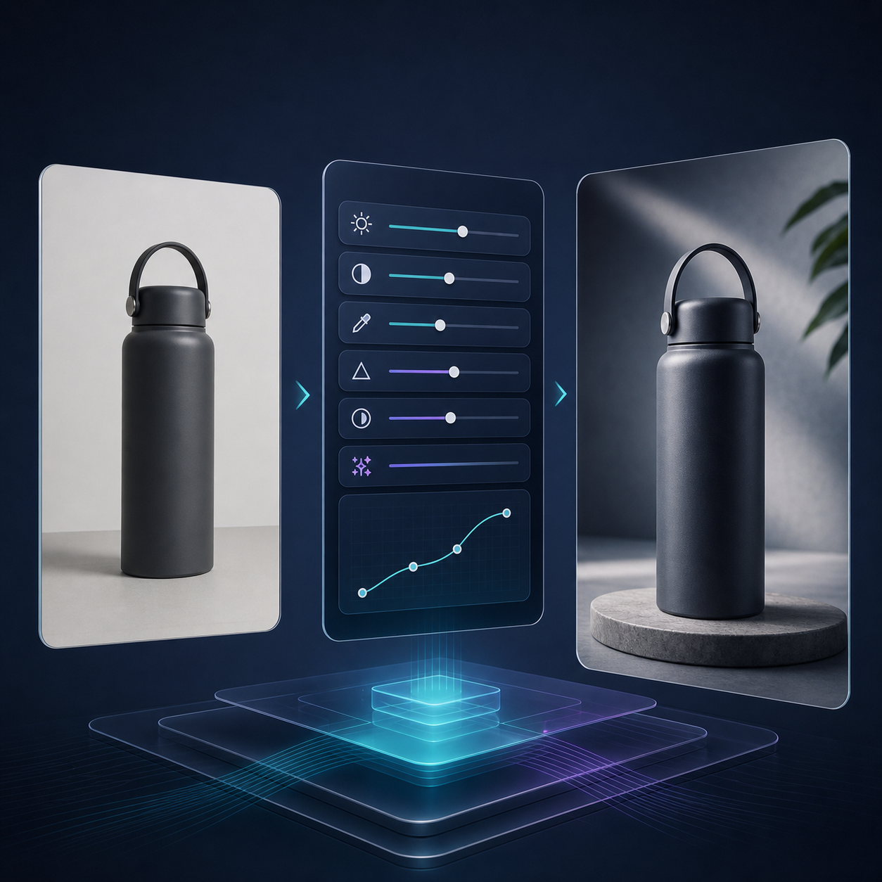 Product photo enhancement workflow with before and after editing controls