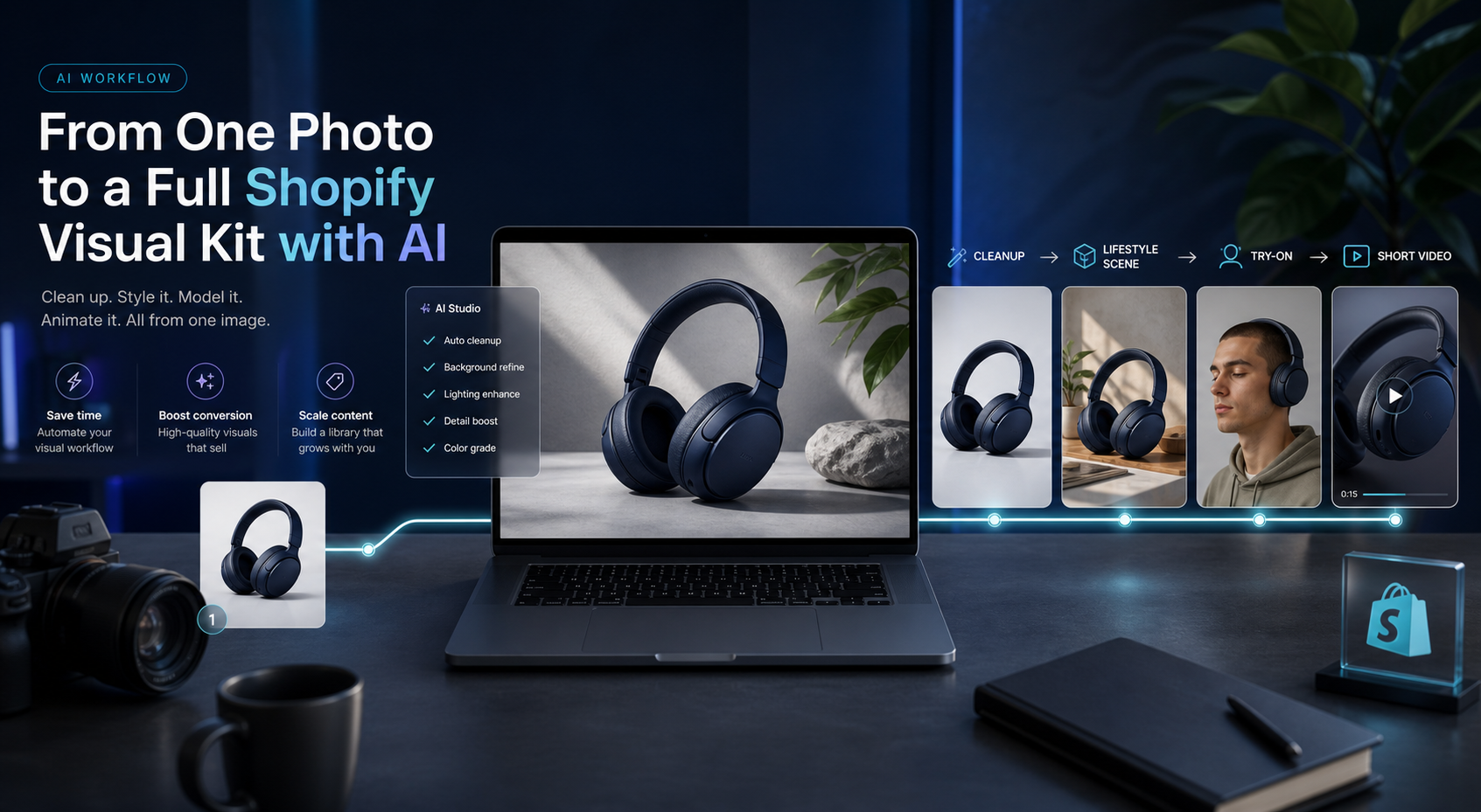 AI product photography workflow with cleanup lifestyle try-on and video steps