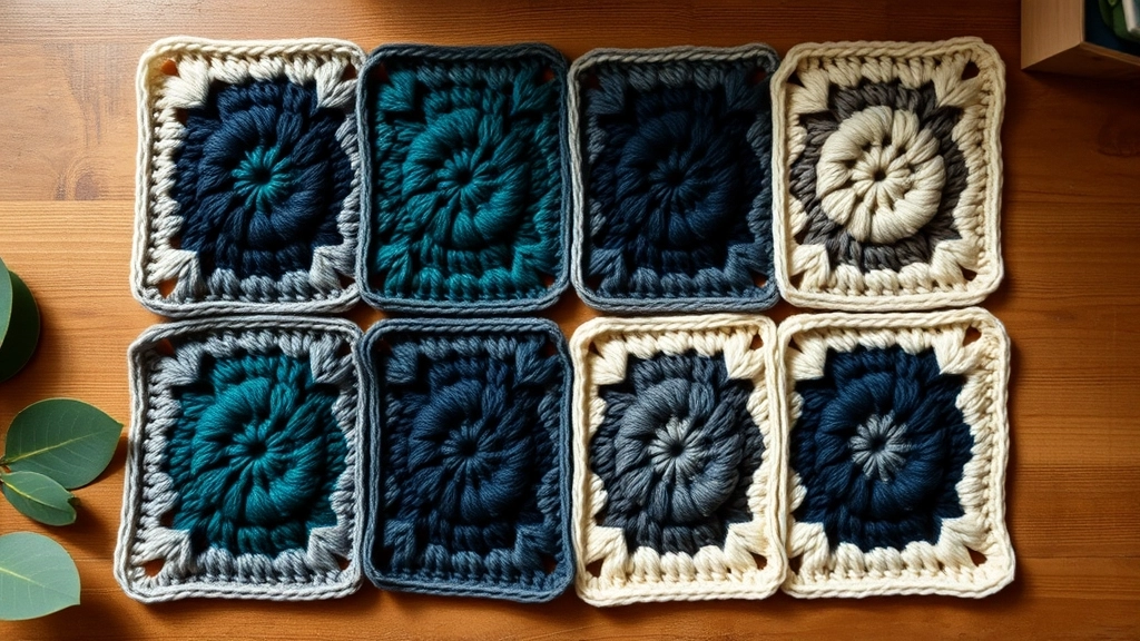 Four crochet granny squares displaying the teal, navy, charcoal grey, and cream color palette.