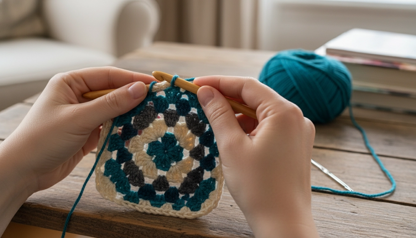 Hands crocheting a colorful granny square with a wooden crochet hook and cotton yarn.