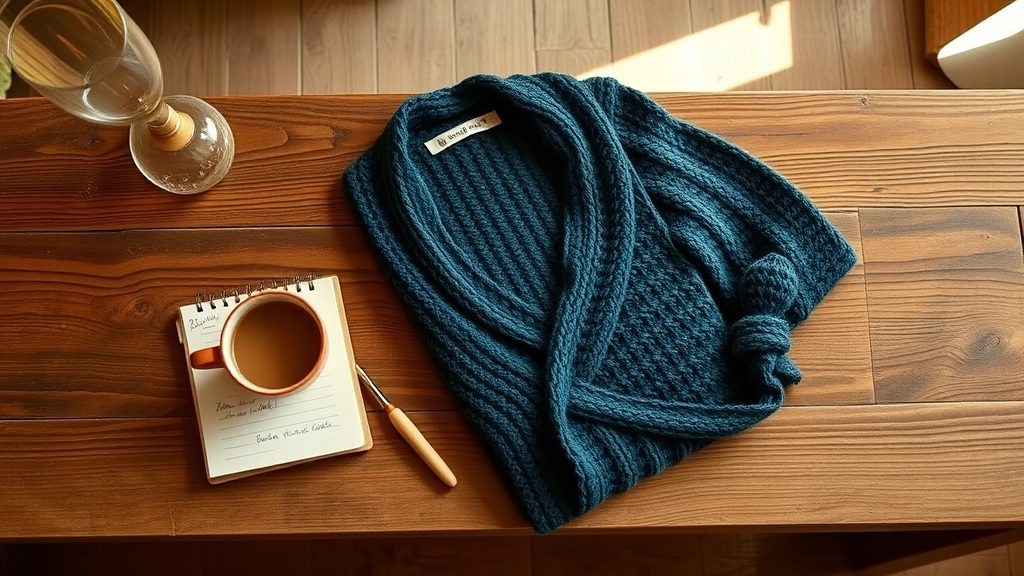 A completed and folded crochet wrap cardigan next to a cup of coffee and a crochet hook.