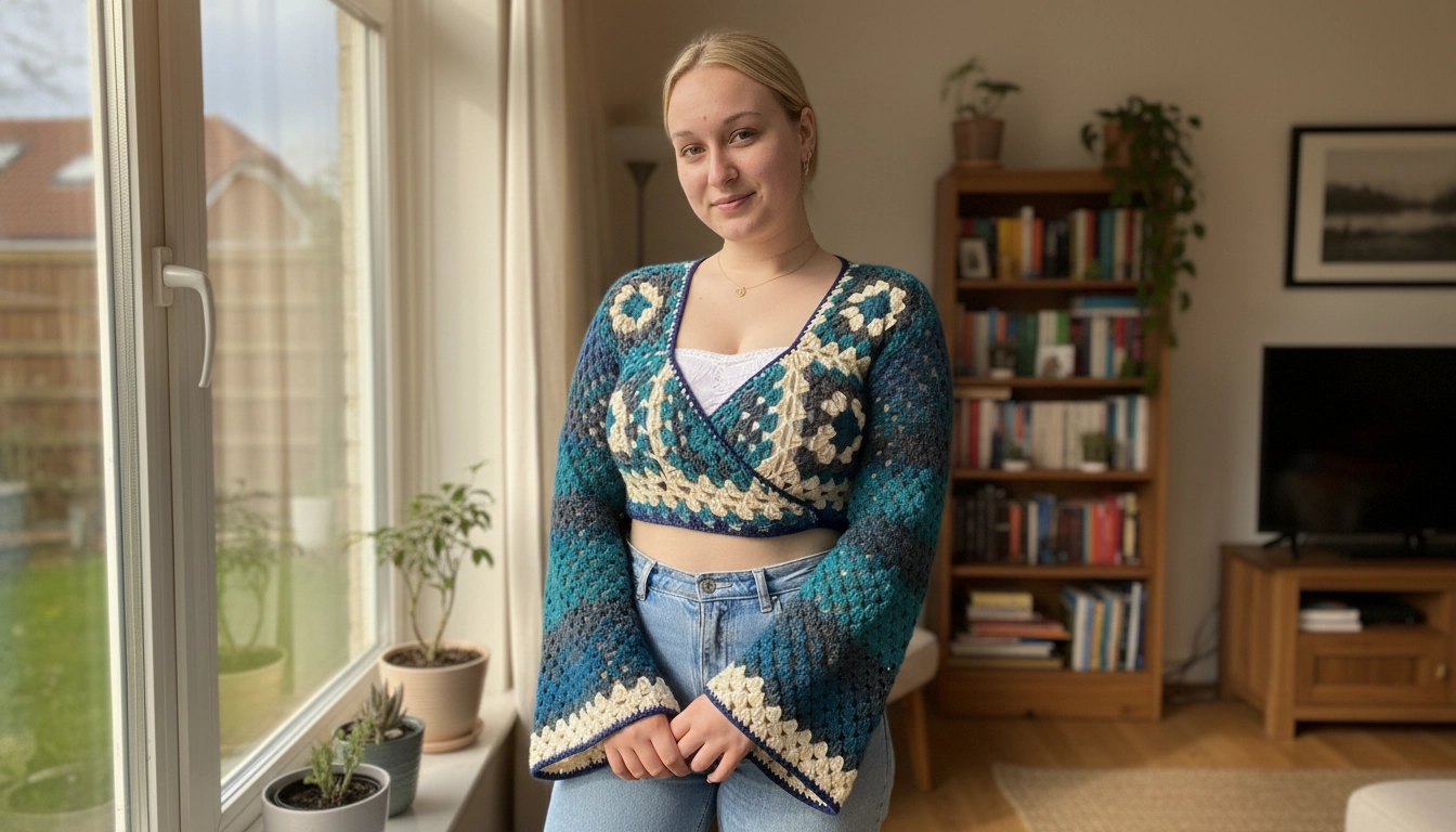 Styling a crochet wrap cardigan with high-waisted jeans and a white lace bralette.