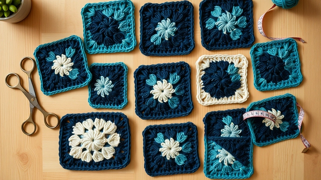 Geometric layout of crochet granny squares and half-square triangles for a wrap cardigan.