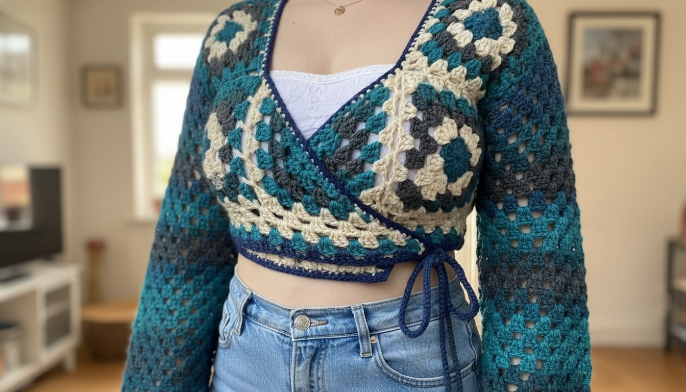 Detailed close-up of the V-neckline and wrap tie of the Wrap and Shine crochet cardigan.