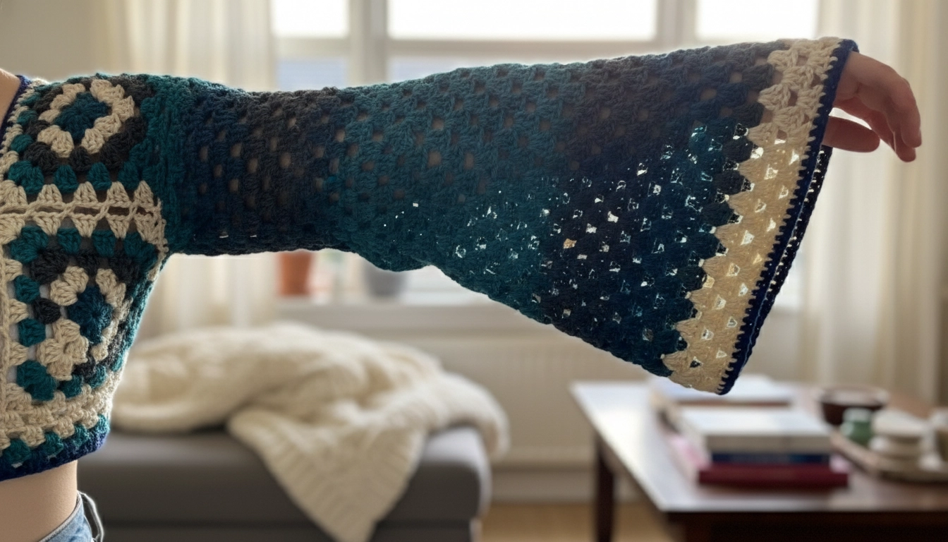Close-up of a flared crochet bell sleeve showing the exponential increase of granny stitch rounds.
