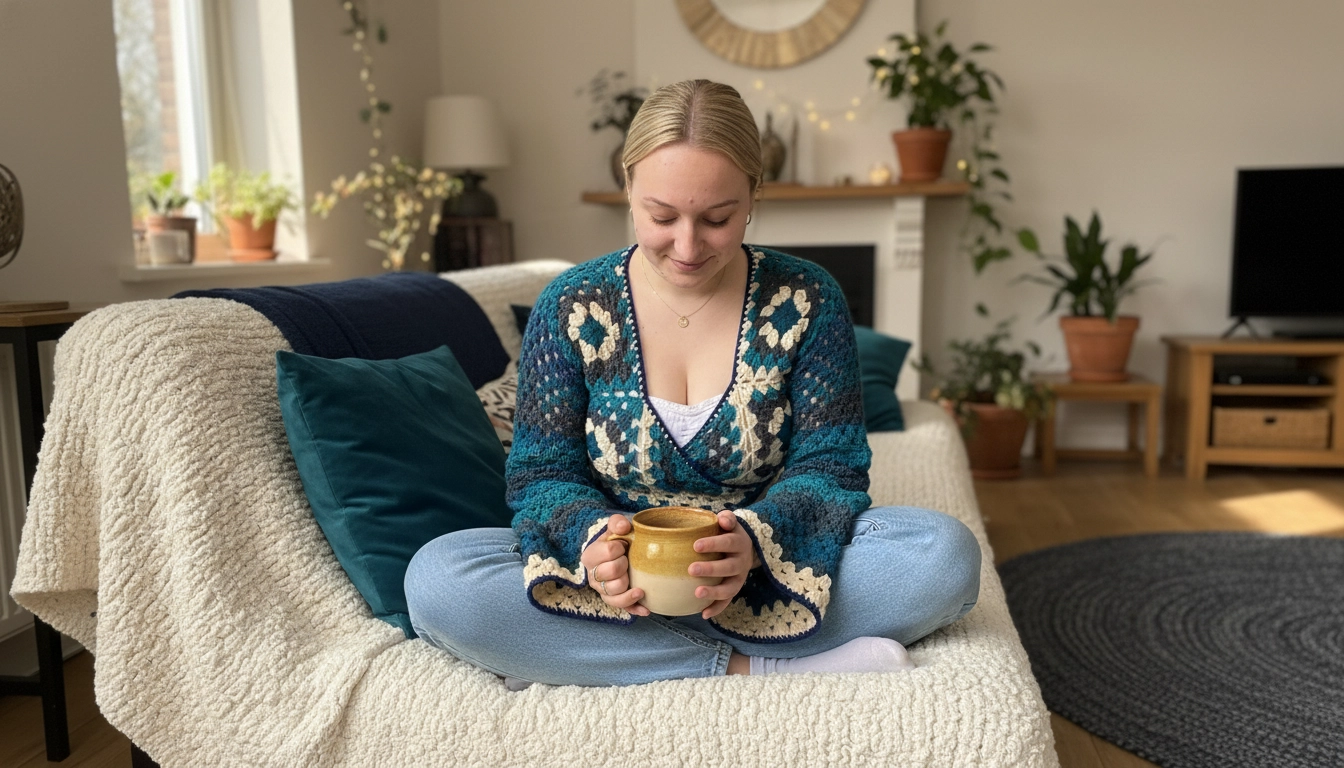 A cozy boho crochet granny square wrap cardigan layered over casual wear.