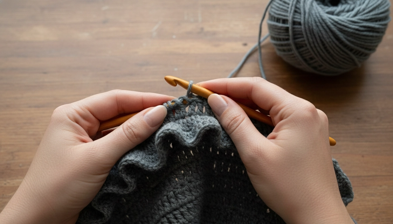 Hands crocheting a double ruffle detail onto slate grey booty shorts using a 3.75 mm hook.