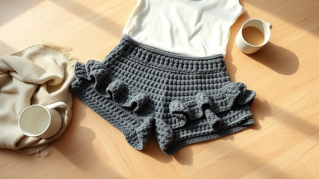A flat lay of completed slate grey ruffled booty shorts styled with casual accessories on a wooden floor.
