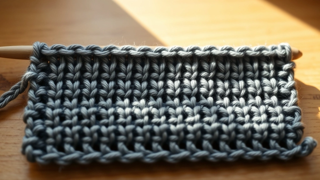 A macro view of alternating dense and open crochet stitch rows in slate grey cotton yarn.
