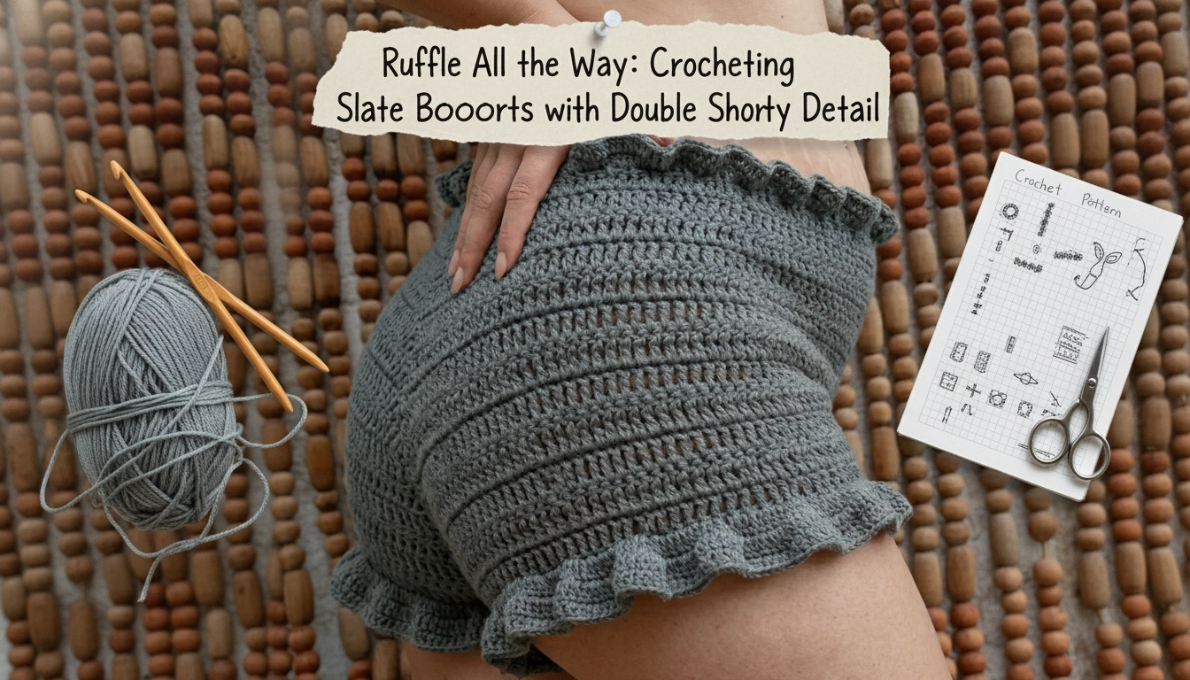 A pair of hand-crocheted slate grey booty shorts with a double ruffle detail at the waistband and leg openings, illustrating the project Ruffle All the Way: Crocheting Slate Grey Booty Shorts with Double Ruffle Detail.