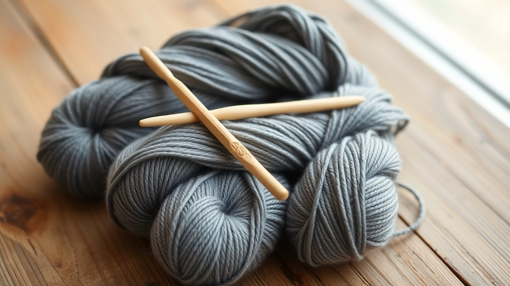 Several skeins of slate grey organic cotton yarn on a wooden table, perfect for crocheting structured ruffles.