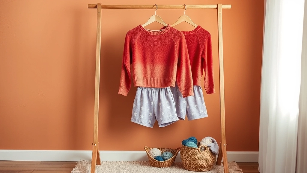 The completed coral ombre crop sweater and lavender shorts set hanging neatly on a clothing rack next to natural yarn skeins.