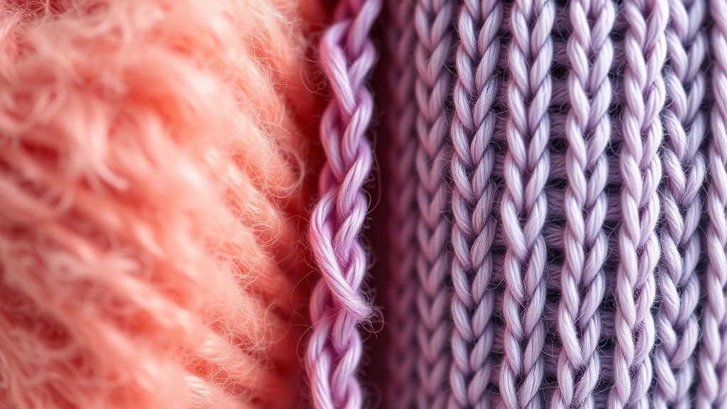 Close-up of fluffy coral mohair knit fabric draped next to structured lavender merino wool knit fabric.