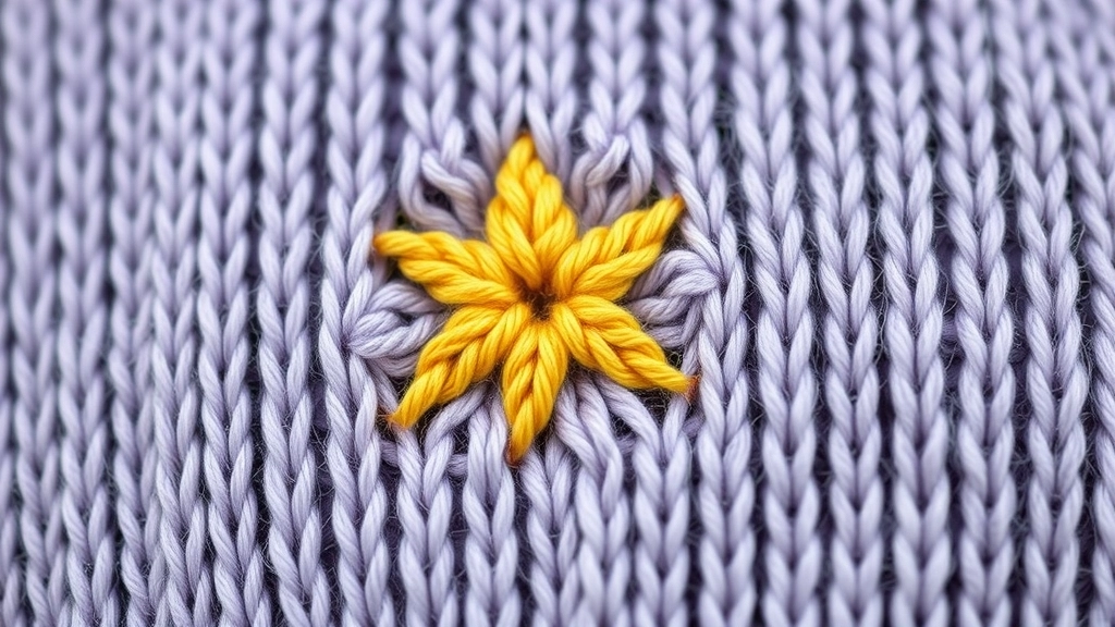 A close-up of a yellow star knitted into a lavender wool background using the intarsia knitting technique.