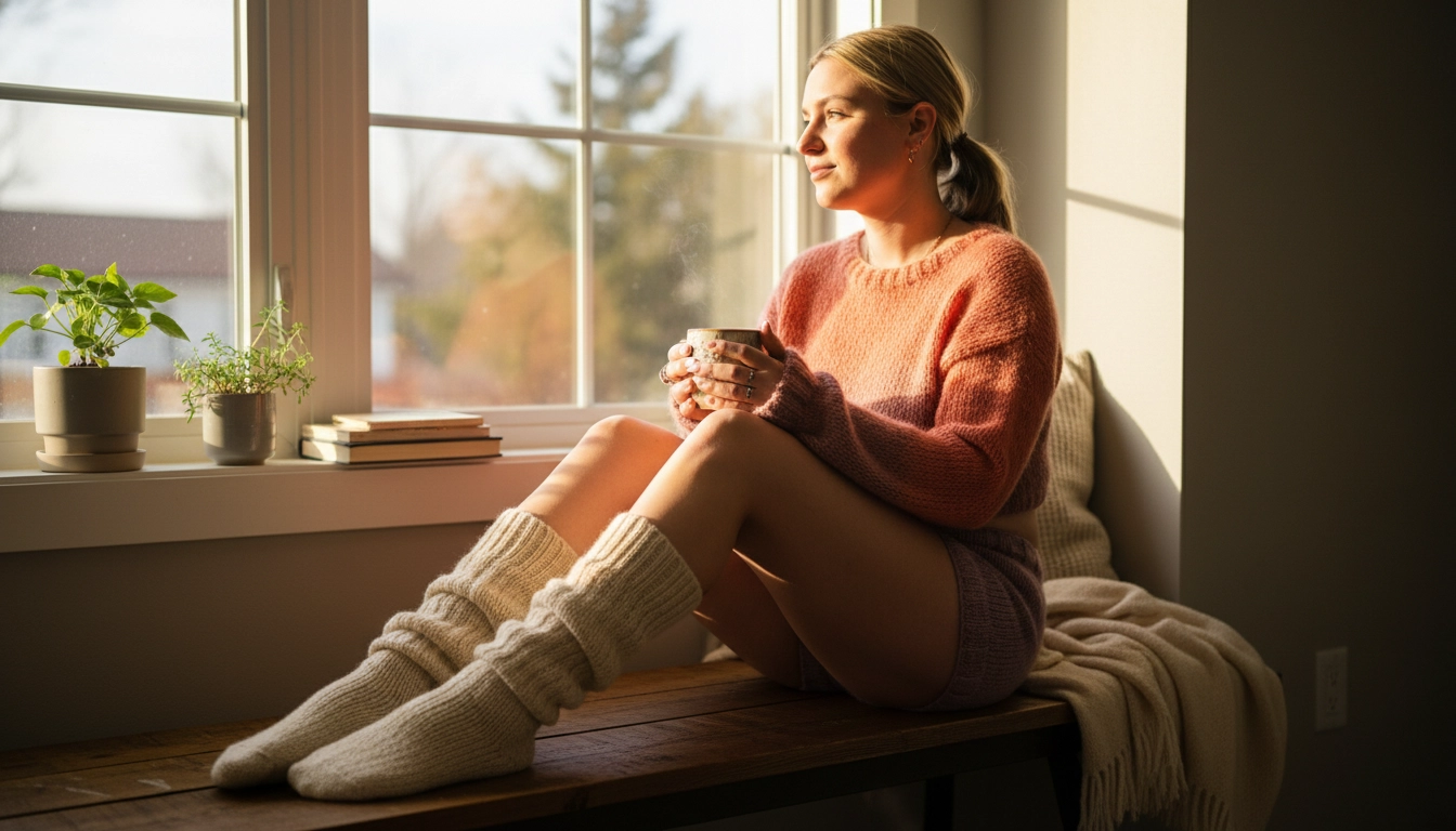 A person wearing the completed coral ombre crop sweater and star-print lavender shorts set, sitting comfortably on a sunlit window bench.