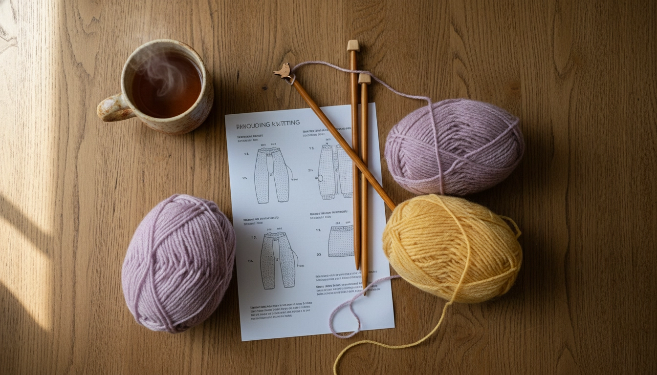 A cozy knitting workspace featuring balls of lavender, coral, and yellow yarn next to wooden needles and a printed pattern.