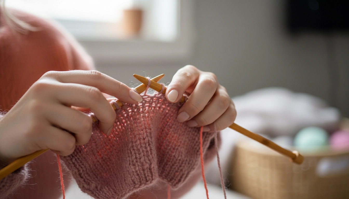 Hands holding three thin strands of mohair yarn in mauve and coral, showing how they blend together during knitting.