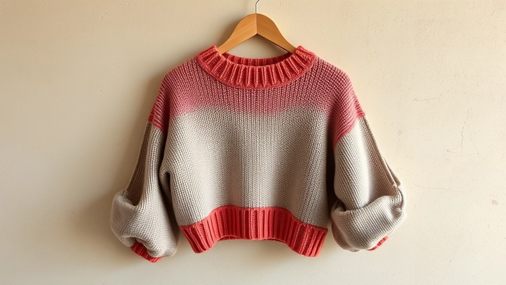 A boxy, hand-knitted crop sweater with long dramatic sleeves and a coral-to-mauve ombre gradient hanging on a rustic wooden hanger.
