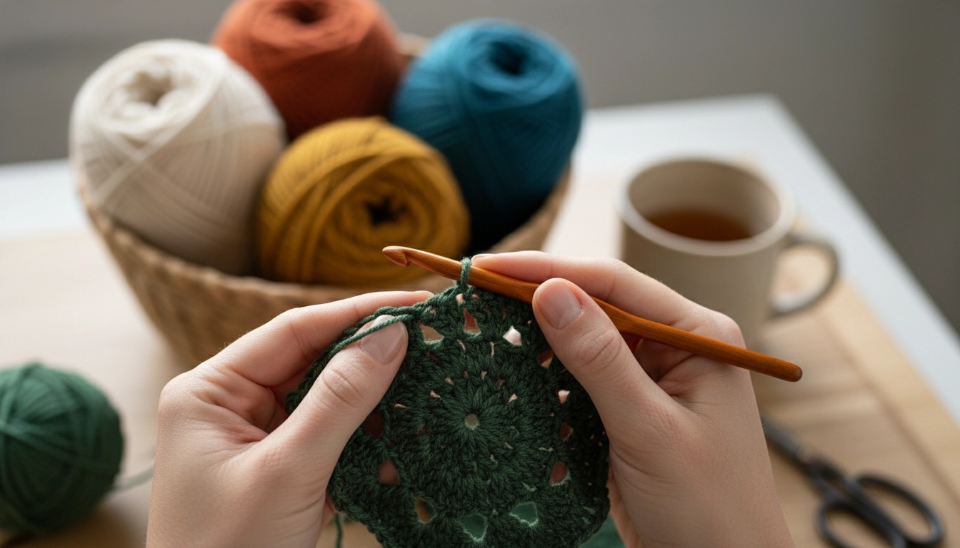 Close-up of hands crocheting a forest green cotton magic ring using a wooden crochet hook.