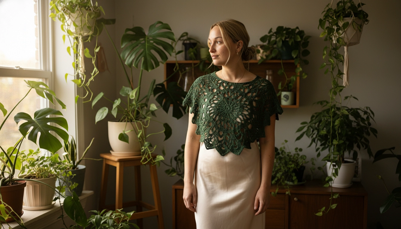 A woman styling a forest green circular lace crochet crop top as an off-shoulder capelet over a slip dress.