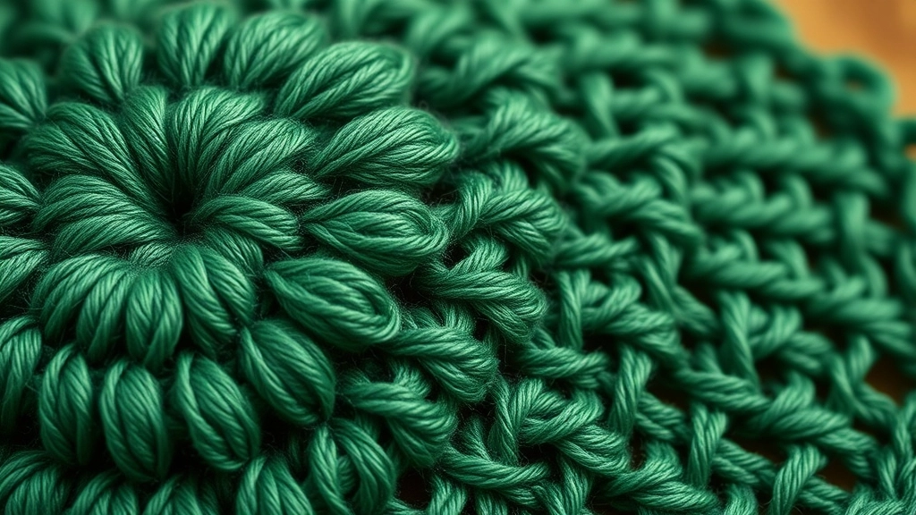 A detailed macro shot of forest green fan stitches and tiny picot loops in a lace crochet fabric.