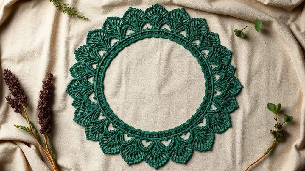 A finished forest green circular lace crochet crop top hanging on a minimalist wooden hanger.