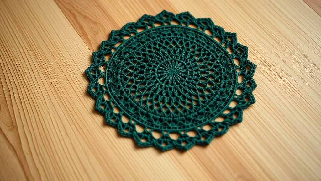 A flat circular lace crochet disc in forest green cotton yarn resting on a light oak table.