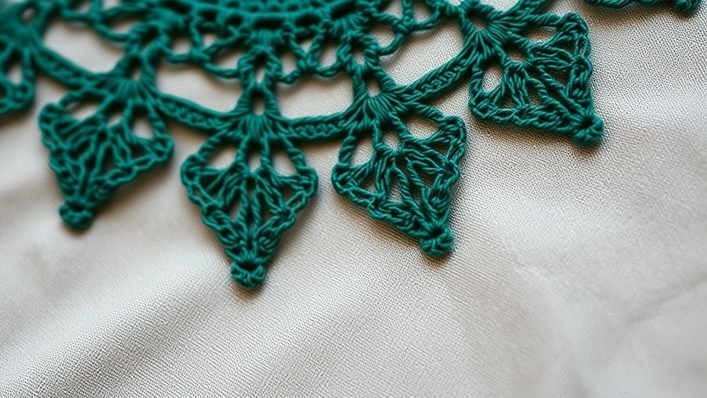 The finished decorative scalloped edge of a forest green circular lace crochet top.