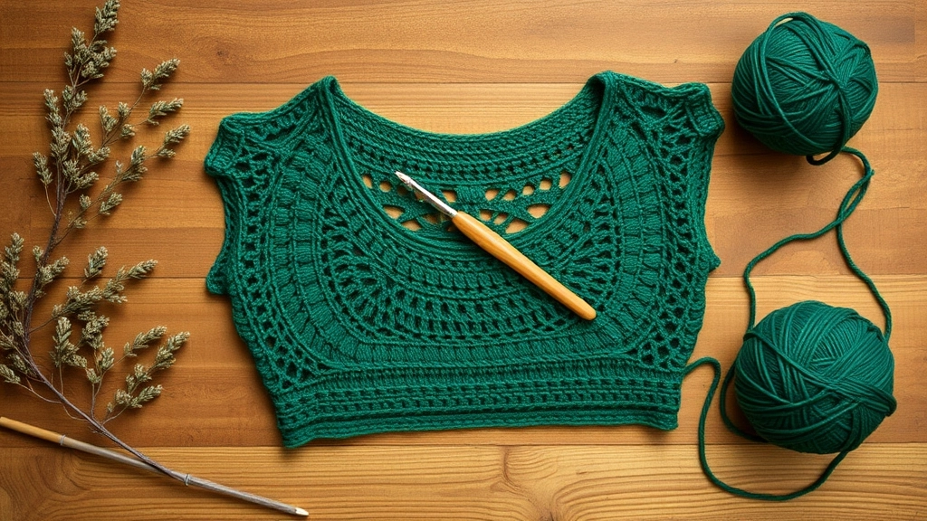 A work-in-progress forest green circular lace crop top next to a crochet hook and a ball of sport weight yarn.