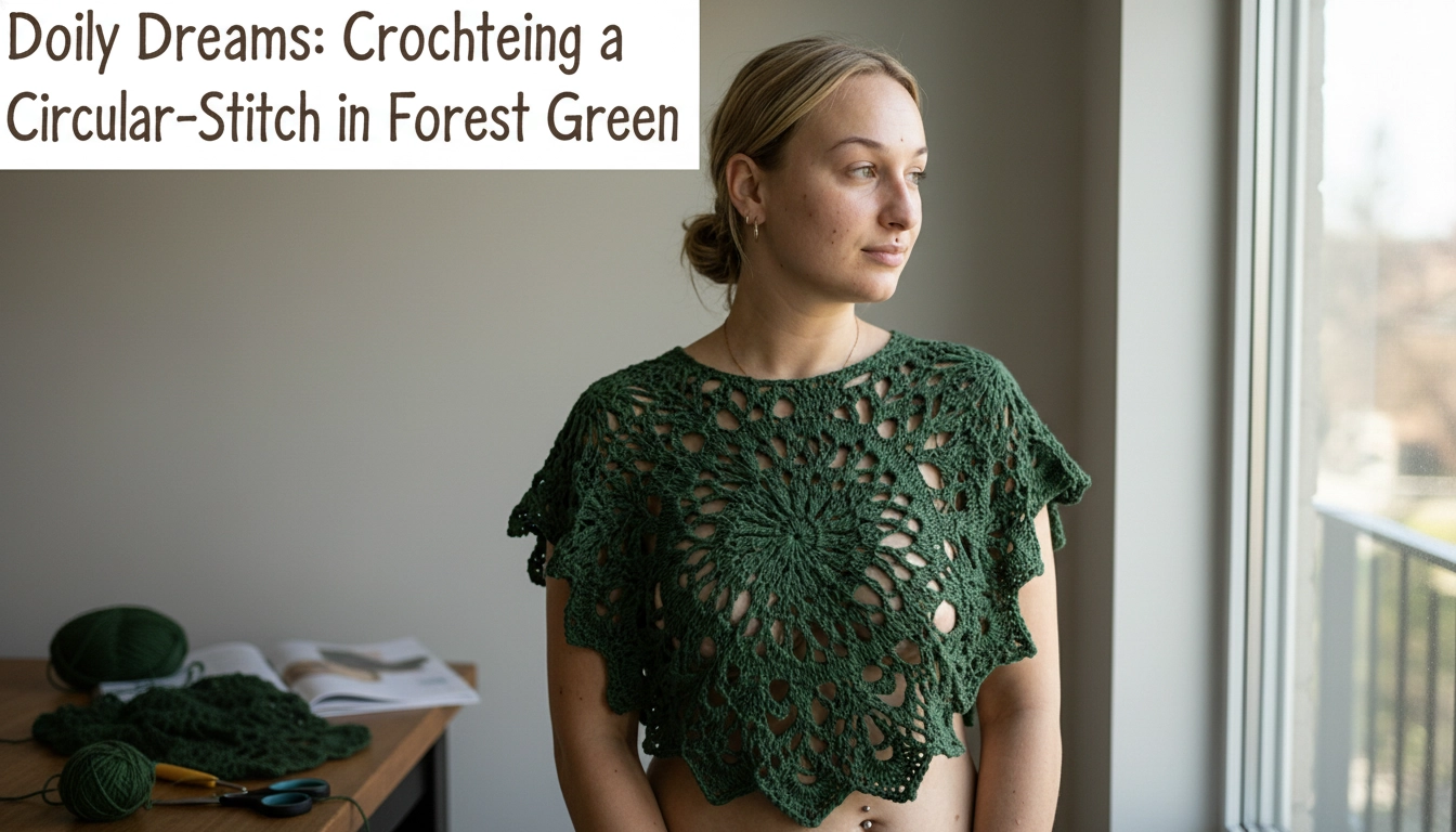 A homemade crochet project titled Doily Dreams: Crocheting a Circular Lace Fan-Stitch Crop Top in Forest Green laid out on a rustic wooden floor.