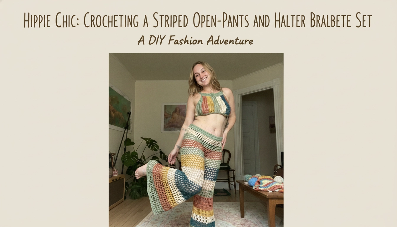 A homemade flat lay of the completed Hippie Chic: Crocheting a Striped Open-Mesh Flare Pants and Halter Bralette Set on a cozy bed.
