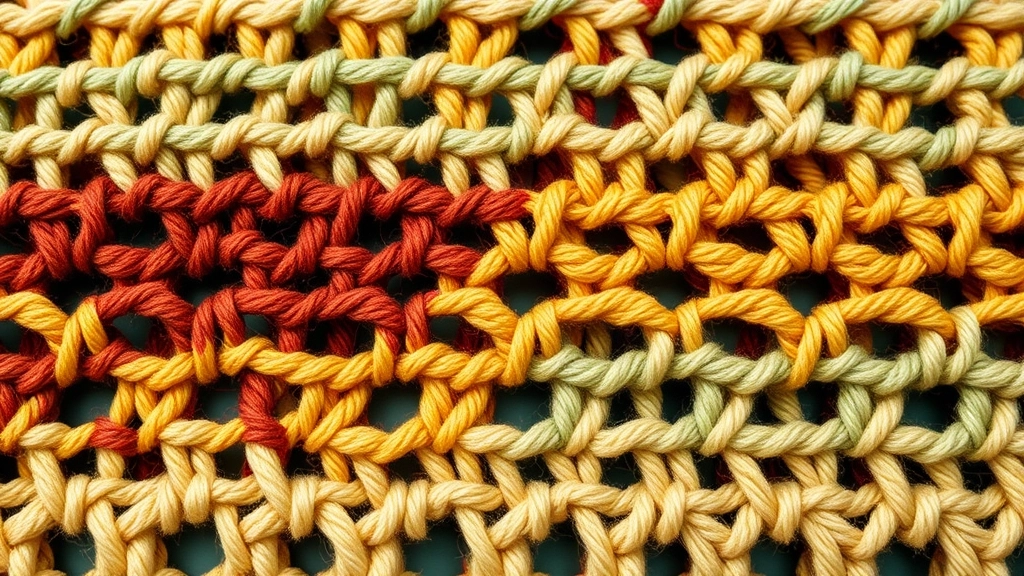 Detailed view of hexagonal open-mesh crochet stitches transitioning from rust-colored yarn to mustard yellow.