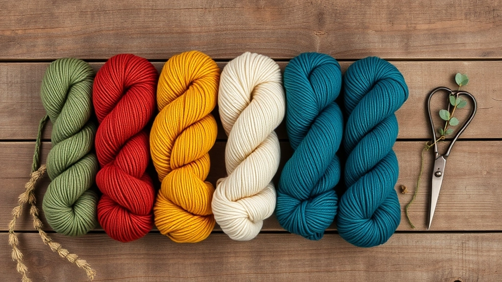 Five skeins of organic cotton yarn in sage green, rust, mustard yellow, cream, and deep teal blue arranged neatly in a row.