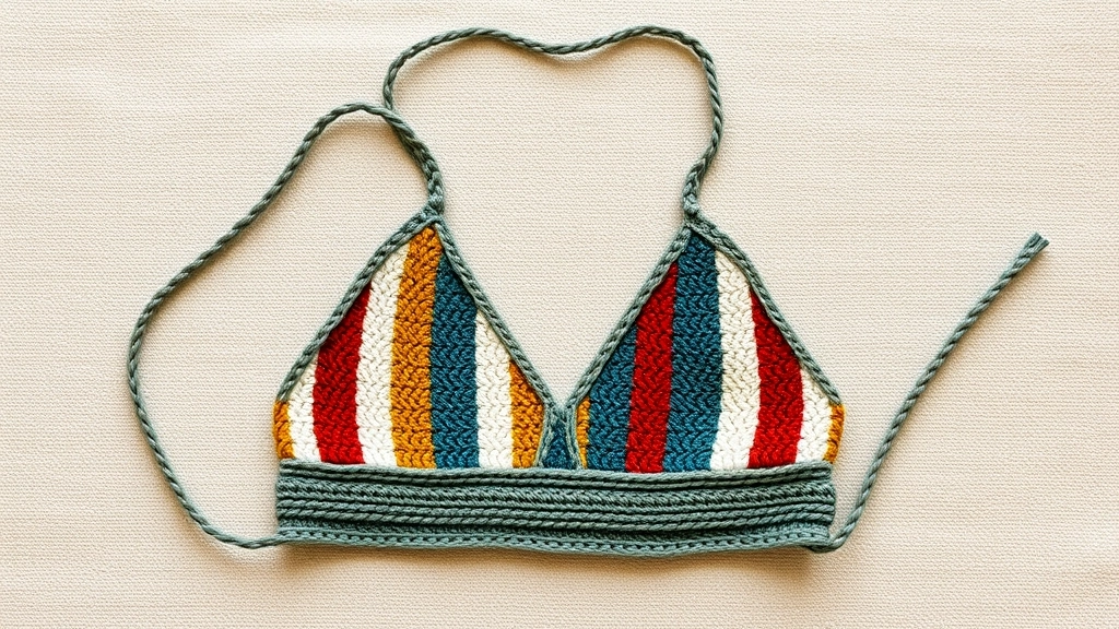 A flat lay of the crocheted halter bralette showing its vertical stripes, sage green border, and long neck ties.