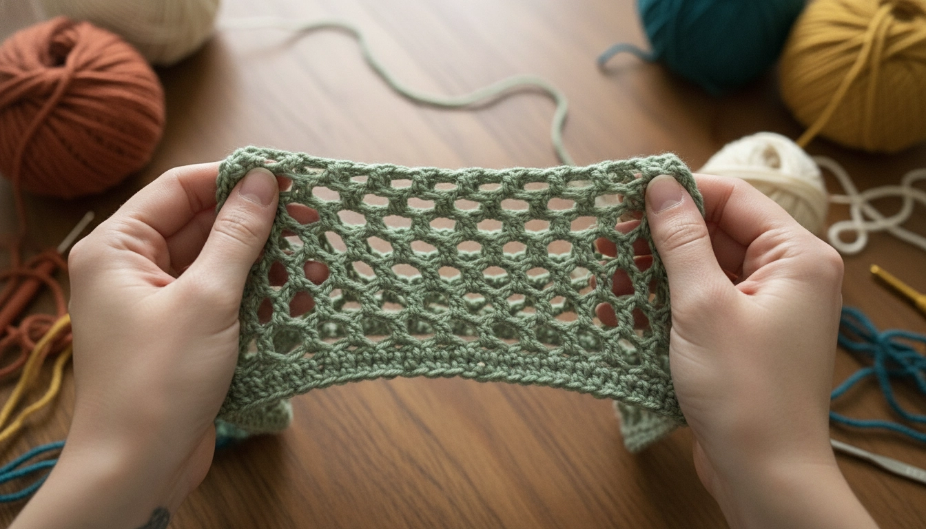 Hands gently stretching a swatch of sage green open-mesh crochet fabric to show its elastic grid structure.