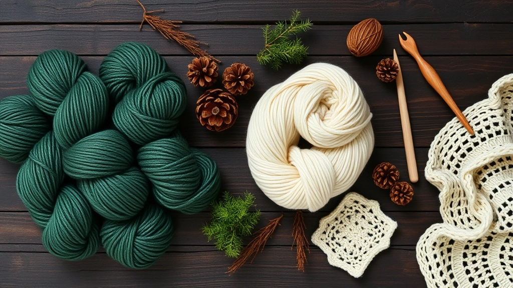 A rustic flat lay showing dark green and cream yarn skeins alongside forest elements like moss and pinecones.