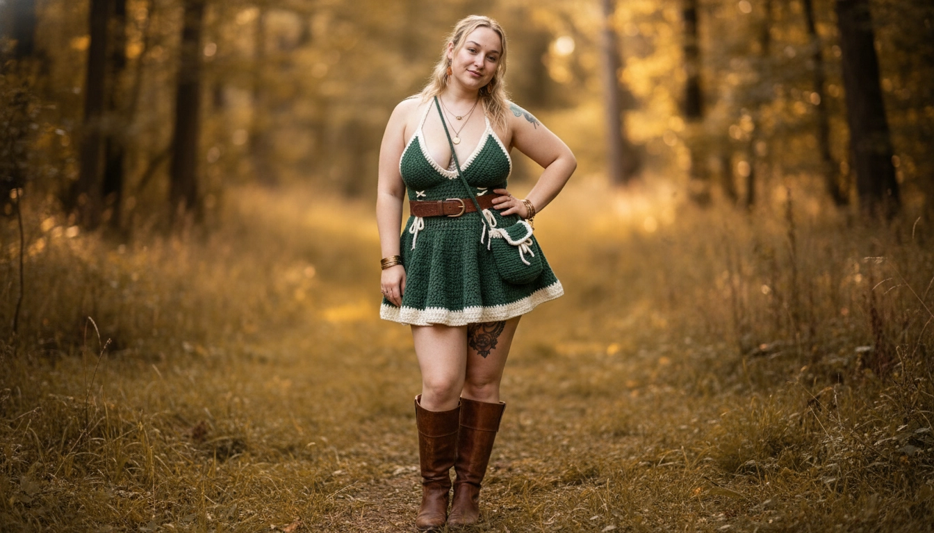 A styled outfit featuring the dark green crochet halter dress paired with brown leather boots and a wide belt.
