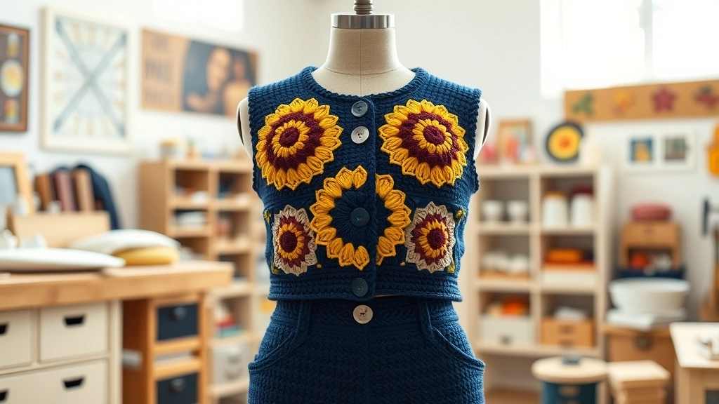 A completed navy and gold sunflower crochet vest and shorts set displayed on a tailor mannequin.
