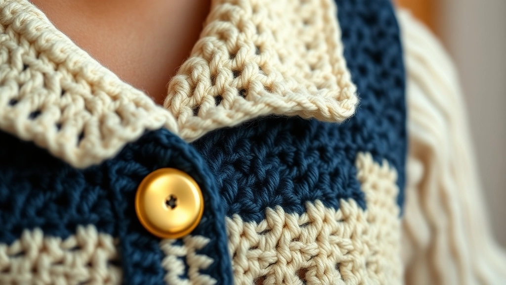 Close-up of a crocheted vest showing the folded lapel collar and a vintage gold button.