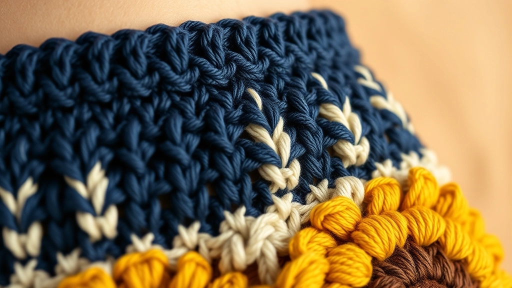 Close-up of the ribbed navy blue waistband on a pair of crocheted shorts.