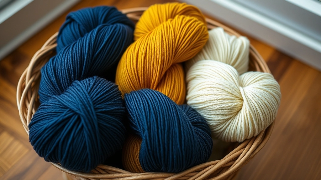 Three skeins of organic cotton yarn in navy blue, mustard yellow, and cream sitting in a craft basket.
