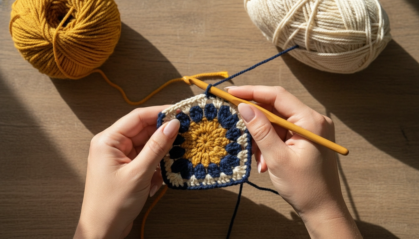 Close-up of hands using a wooden hook to crochet a navy and gold granny square.